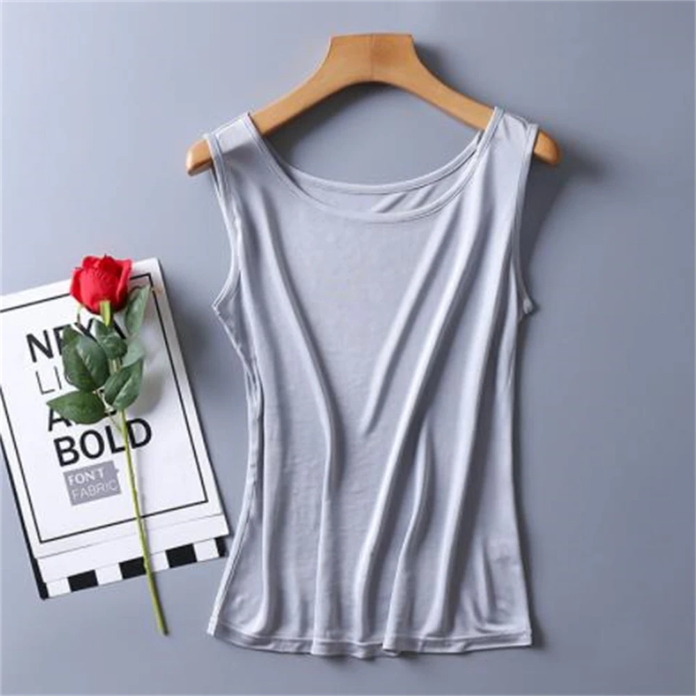 Women's Solid O Neck Stretch Sleeveless Silk Tops, Summer Hedging Silk Tees, Lady Slim Shirts, Spring, Hot Sale