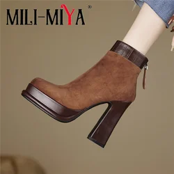 MILI-MIYA New Arrival Women Kid Suede Ankle Boots Round Toe Super High Thick Heels Platform Solid Color Casual Street Shoes