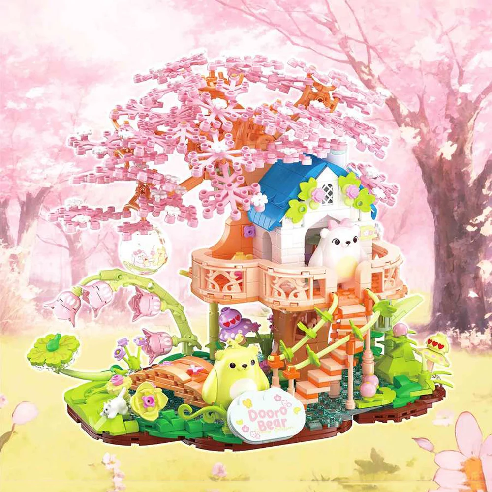 Klocki Mini Domek na Drzewie Sakura z Motywem Misia z Kreskówki, Model do Budowania z Klocków z Kwiatami Wiśni, Zestaw Konstrukcyjny, Zabawka na Prezent