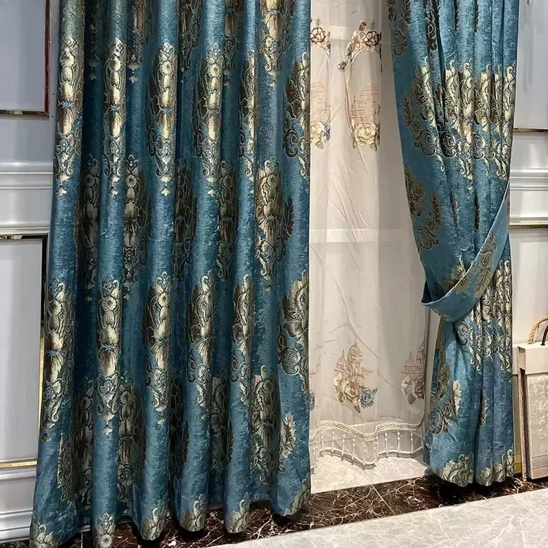 

European Chenille Blue Embroidered Valance Luxury Curtains for Living Room Bedroom Dining Blackout Tulle Window Custom Size