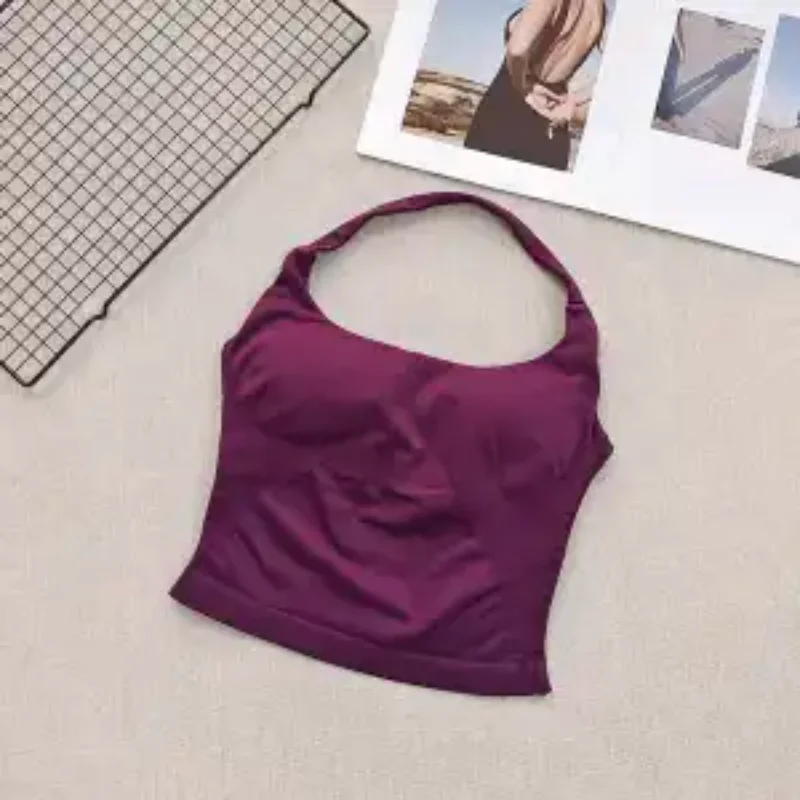 Women's Ribbed Halter Neck Sports Bra Wireless Padded Crop Top Casual Daily Yoga Underwear