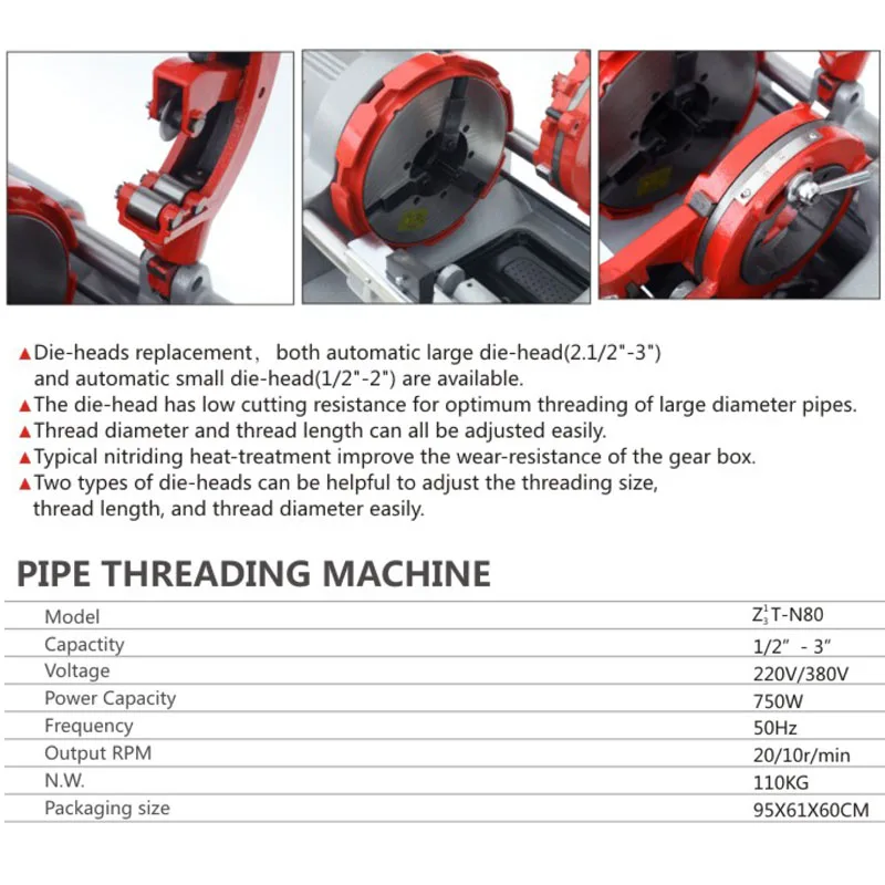 Infila tubi di potenza elettrica da 750 W di alta qualità Tubo in acciaio resistente 3 "2 1/2"-3 "Infilatore per tubi 2 1/2 "-3" Infila tubi