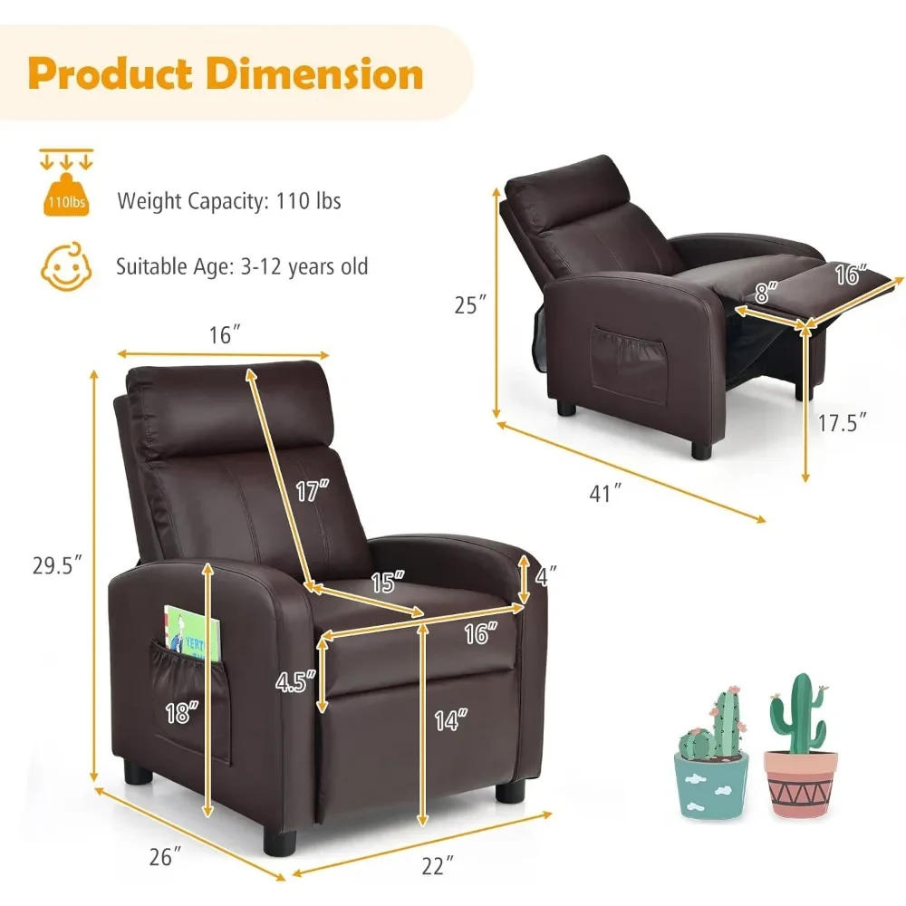 Kids Recliner, Adjustable PU Leather Lounge Chair w/Side Pockets, Footrest, Headrest for Kids Room & Play Room, Easy to Clean