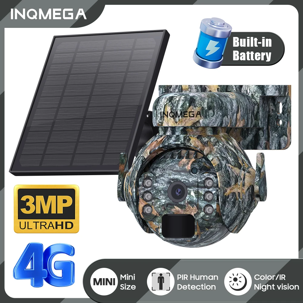 inqmega camera solar ao ar livre sem fio lente dupla vista monitoramento animal bateria de camuflagem camera ptz pir 3mp 4g sim wifi 01