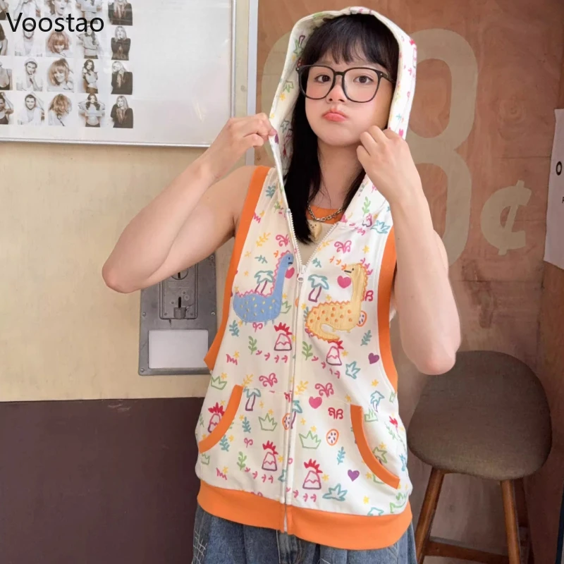 

Японский Harajuku мультфильм граффити принт толстовка жилет женский хип-хоп шикарный жилет без рукавов куртки Y2k эстетические модные пальто