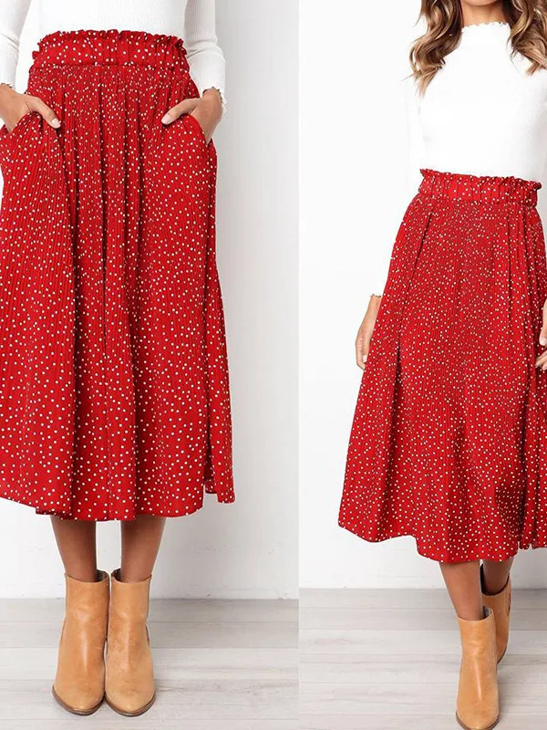 Süßer Polka Dot f-Länge Faltenrock Damen Faionable Loose Casual Ket Design High Waist Ele Midirock