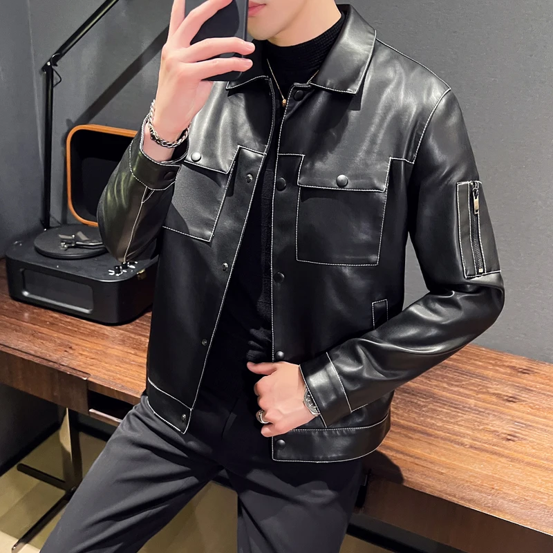 Men's Bomber PU Leather Jacket 2024 New Fashionable Motorcycle Tactical Waterproof Lapel Coat Business Casual Men's Clothing