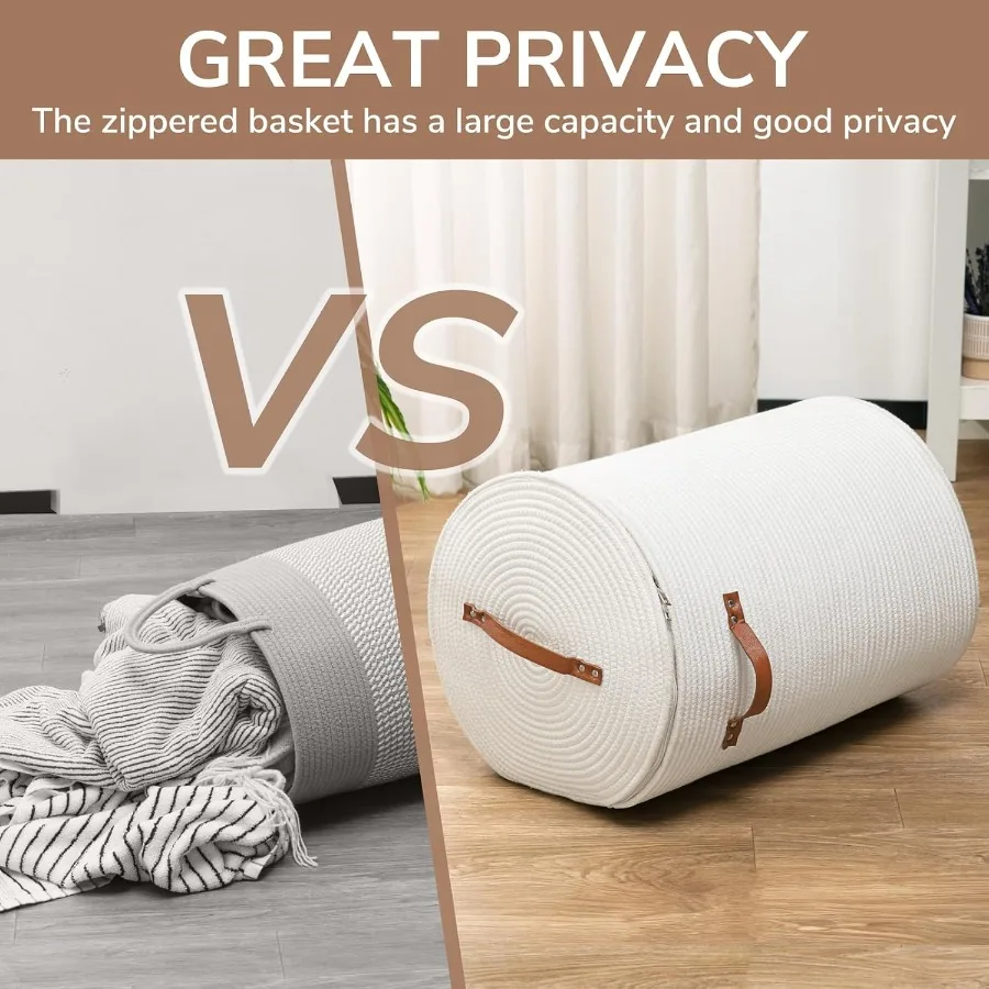 Tall Laundry Basket with Lid for Nursery and Home Use: White Cotton Rope Storage Basket Ideal for Storing Clothes Blankets Toys