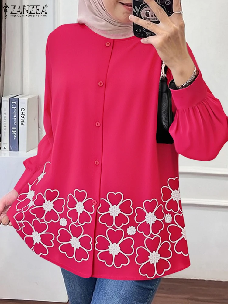 

ZANZEA Islamic Woman Shirts Floral Print Hijab O-Neck Button Up Casual Chemises Femme Long Sleeve Modest Commuting Muslim Tops