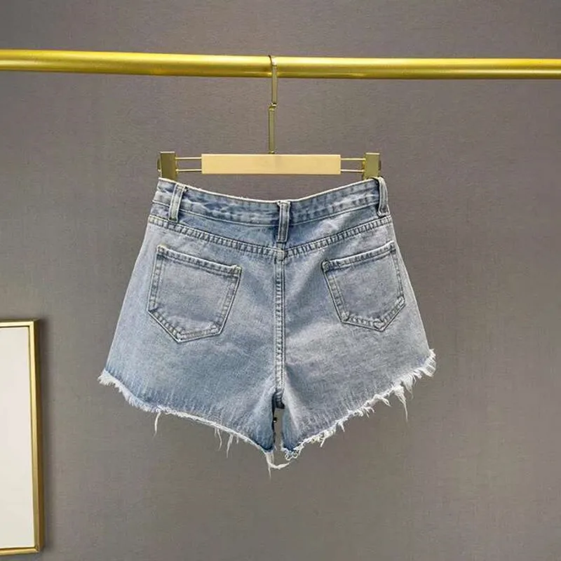 ANJY Sommer Neue Frauen Streetwear Flut Trendy Zerrissene Jeans Vintage Distressed Heavy Craft Diamanten Grat Luxus Denim Shorts A7695