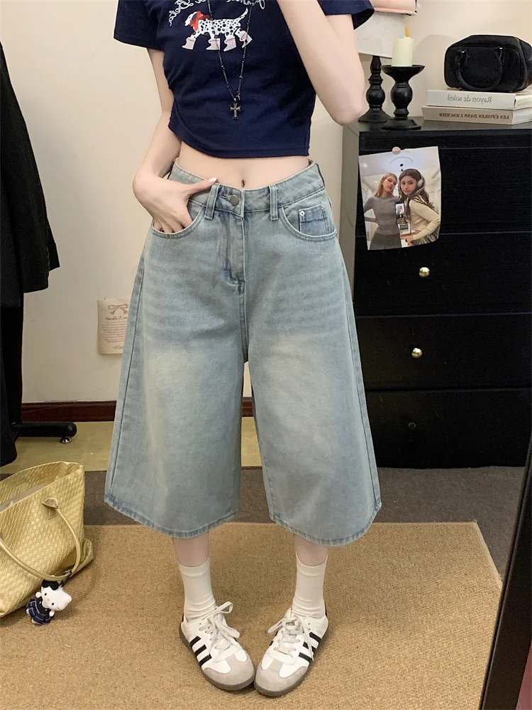 Damskie jeansy z wysokim stanem, szerokimi nogawkami, długości 7/8, w stylu amerykańskim retro, luźny krój, prosty fason, dla puszystych, jesienne modne spodnie.