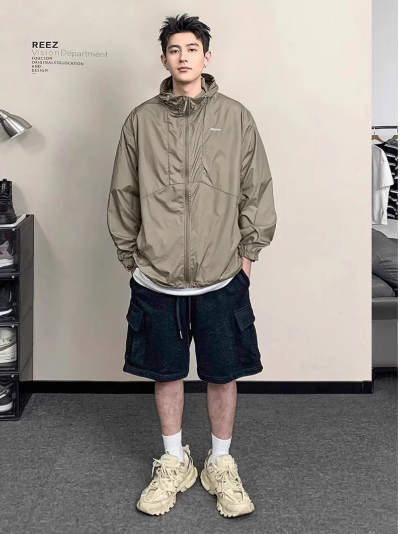 

REEZ UPF50 Summer Men's Light Breathable Cool Feeling American Sle Casual Loose Fit Long Sve Zipper Hooded Jaet