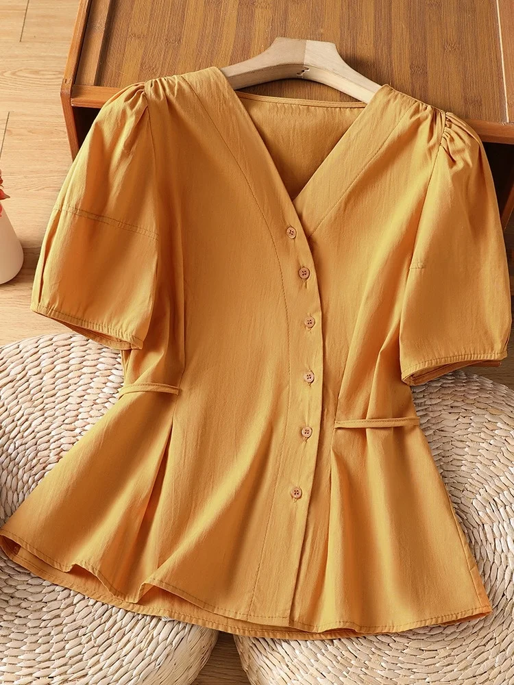 

Mango Yellow V-Neck Short Sleeve Shirt Women's Summer plus Size Doll Shirt Waist-Cinching Slimming Top Thin Outerwear