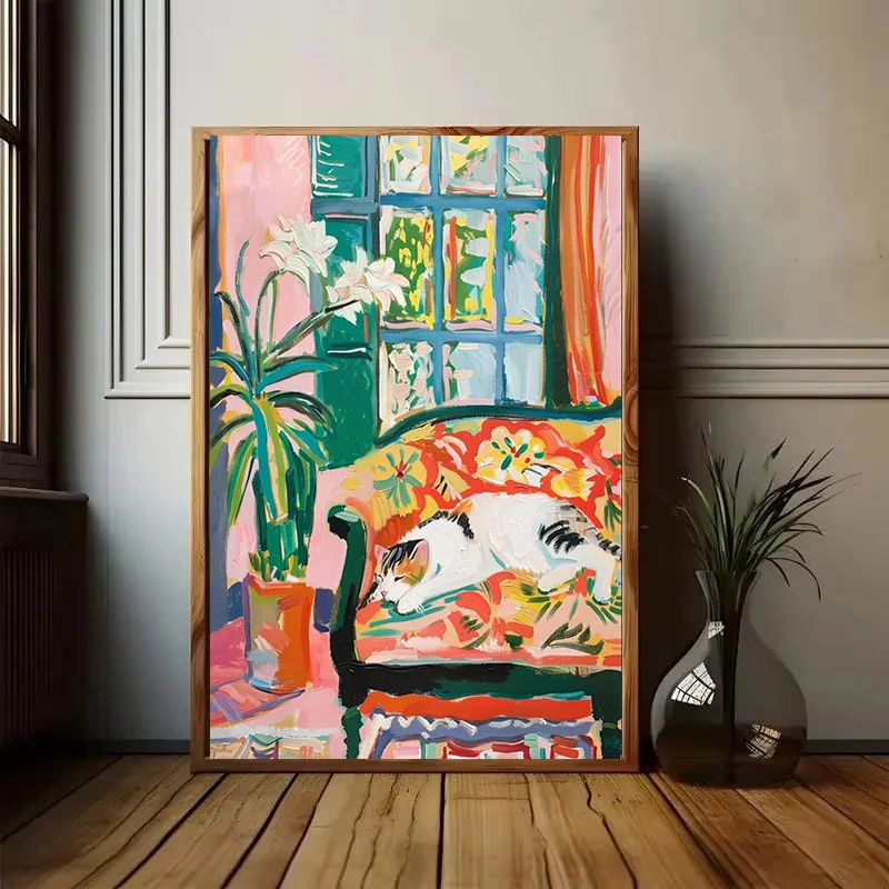 Art Poster Black Cat Leopard Lying Sofa Canvas Painting Print Wall Living Room Home Decor Woman and Cat Henri Matisse Inspired