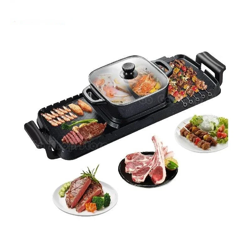 2in1 Electric BBQ Pan Grill Hot Pot 2400W Multifunction Home Portable Smokeless Nonstick Detachable Hot Pot Barbecue Plate