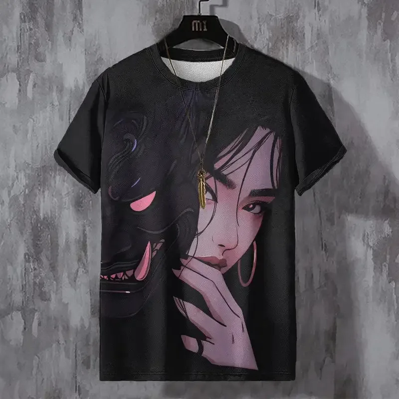 Vintage T-Shirt For Men Beautiful Anime Characters Graphic T Shirts Print Casual Round Neck T Shirt Oversized Men's Clothing Top