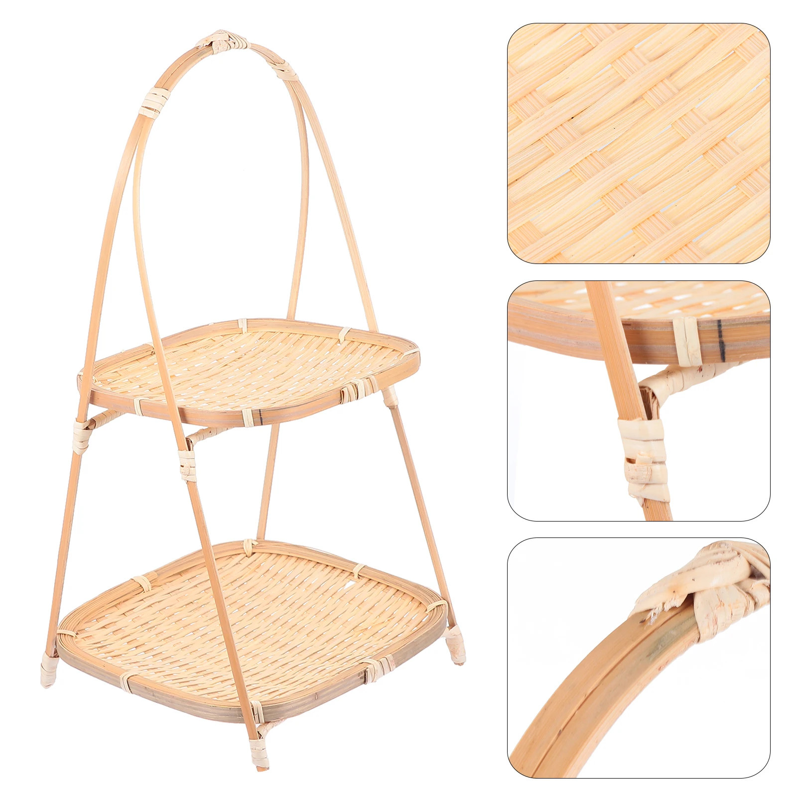 

2-Tier Square Bamboo Snack Stand Fruit Storage Basket Handwoven Adornment Kitchen Counter Organzier Vegetable Pastry Holder