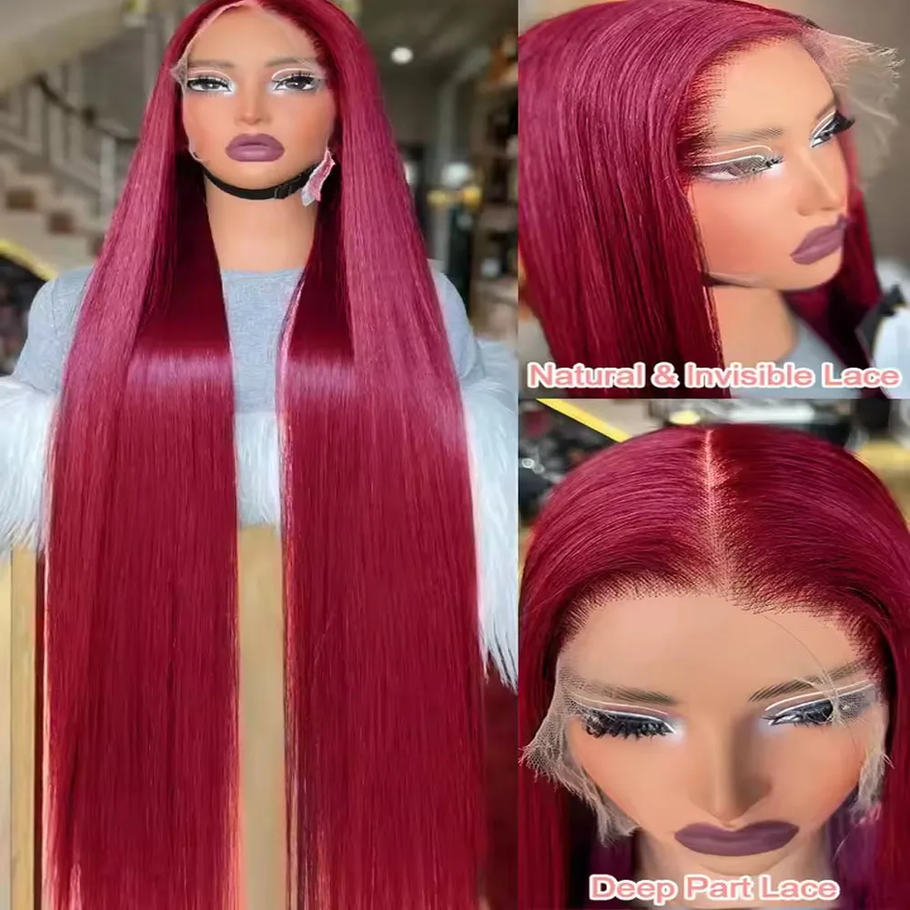 

Бордовый прозрачный парик из натуральных волос на фронтальной части шнурка, красный 99J, прямые цветные 13x4, парики из натуральных волос на кружеве для женщин