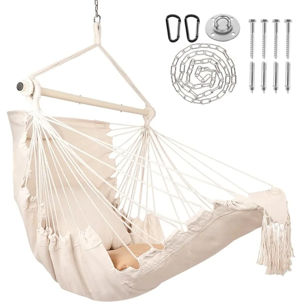 

Ciouper Hammock Chair Hanging Rope Swing with Foot Rest Support - Max 500 Lbs - 2 Cushions & 1 Neck Pillow Included (Beige)