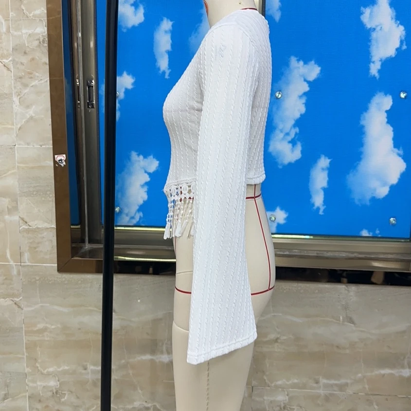 2025 여성용 긴 소매 크롭 탑 슬림 핏 스타일리시한 단색 태슬 크루넥 플레어 긴 소매 티셔츠 가을/겨울용