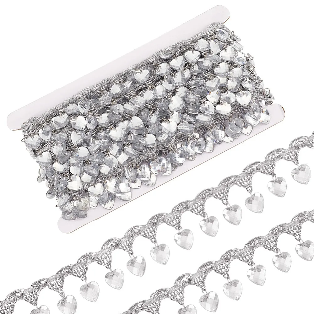 

Polyester Lace Ribbon with Plastic Charms Tassel Wave Edge Lace Trim Clothes Accessories Silver Heart 1-3/8 inch(35mm)