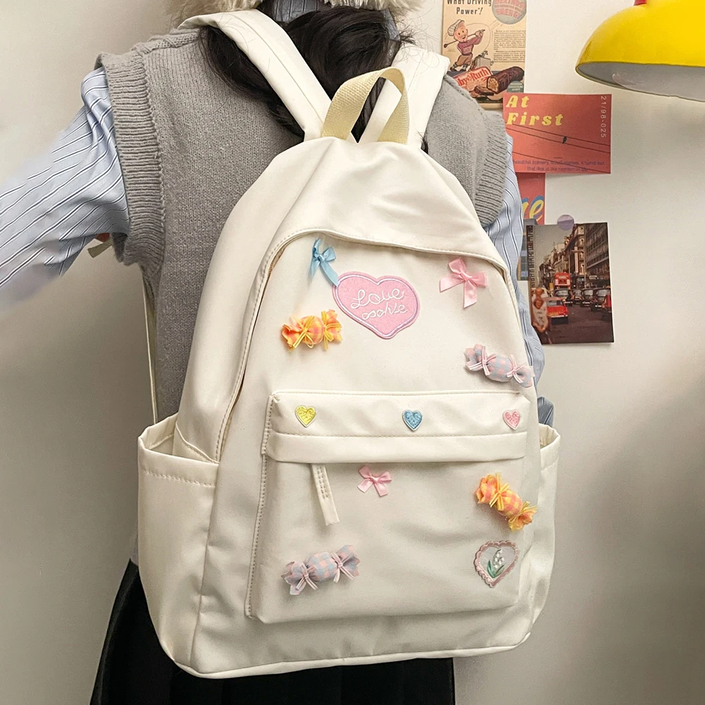 INS Fashion Backpack for Teenage Bow Heart Decor Sweet College School Bags Large Capacity Candy Color Student Aesthetic Bookbag