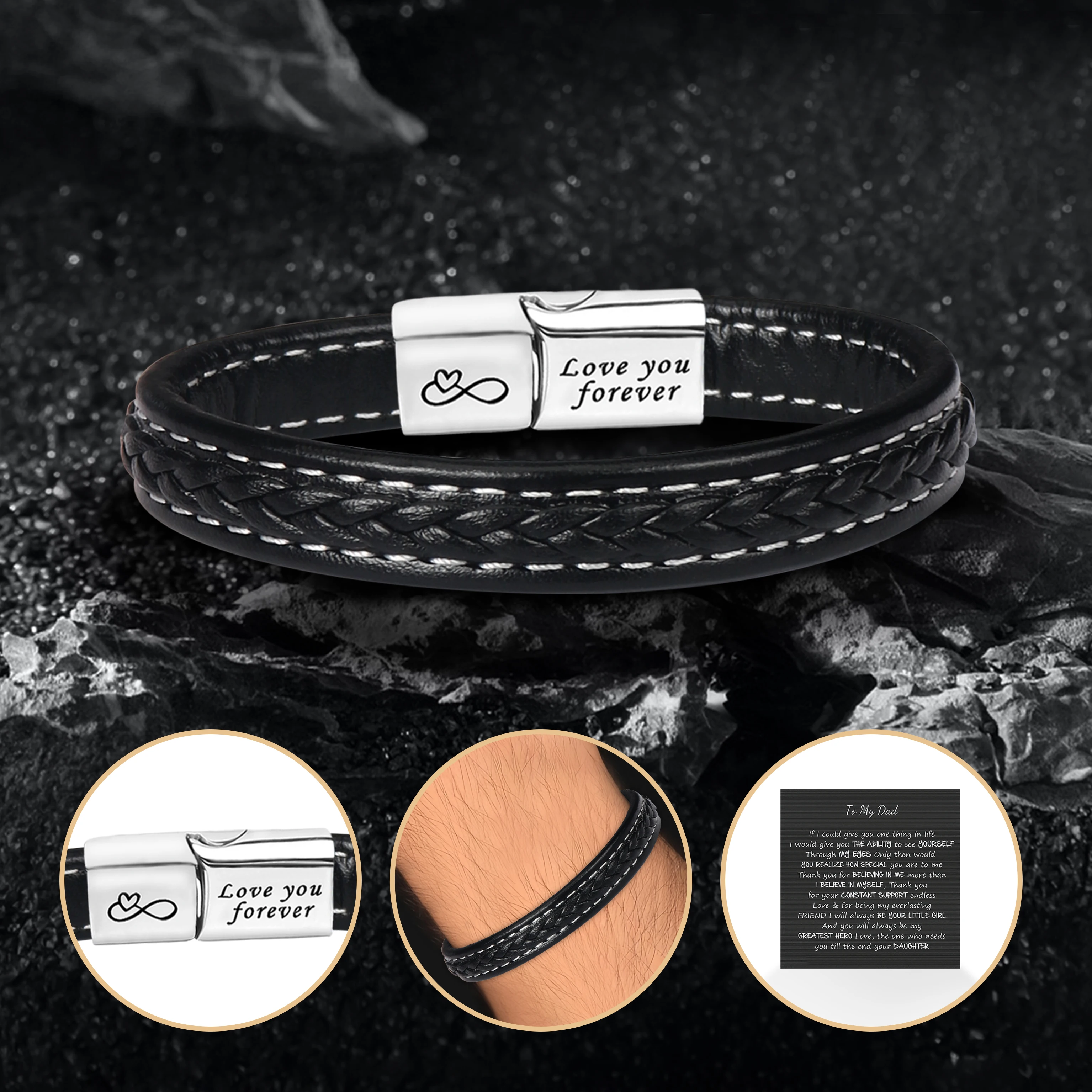 아빠의 생일 선물 - 자석 걸쇠가 달린 가죽 팔찌, 맞춤 각인, 카드 포함 - 아버지의 날에 딱 맞습니다.