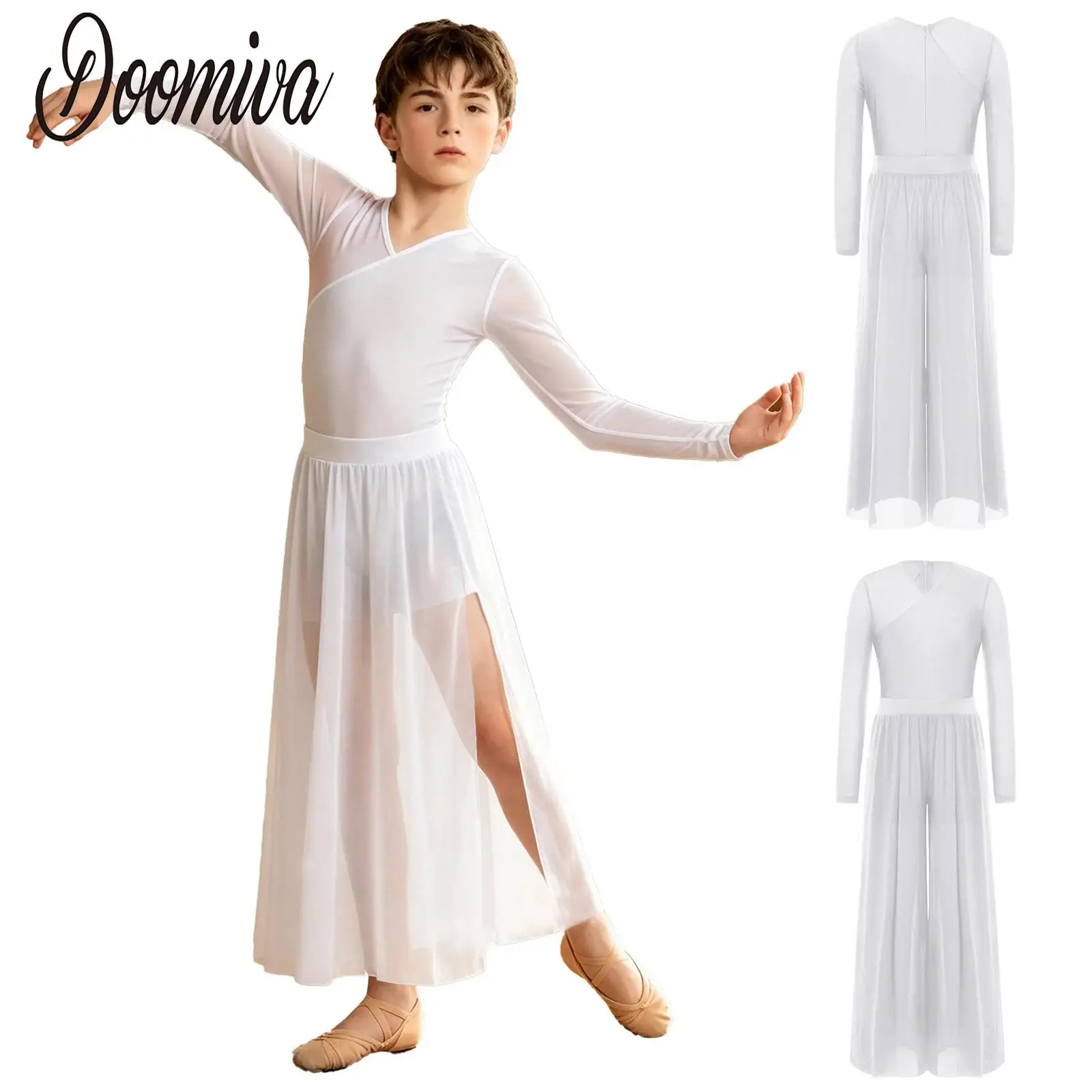 

Kids Boys Lyrical Modern Figure Skating Dance Outfits Performance Ballet Dresses Long Sleeve Zip Bodysuit with Split Mesh Pants