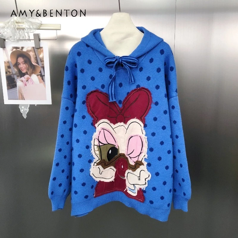 

New American Retro Color-Block Polka Dot Stylish Youthful Cartoon Patch Loose Hooded Sweater New Knitwear Pullover Jacket Female