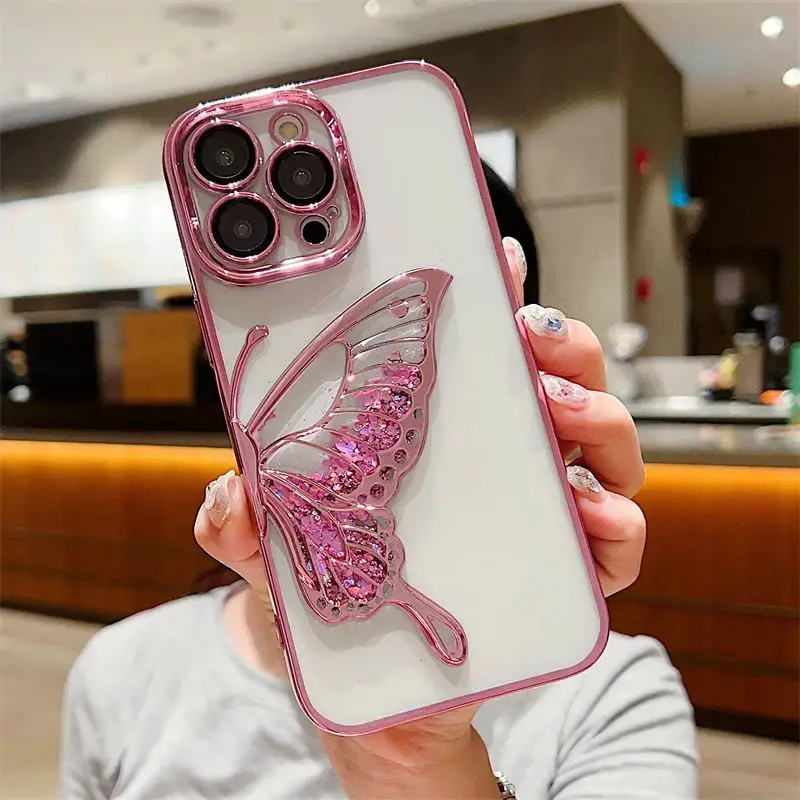 Funda de silicona suave a prueba de golpes para iPhone, carcasa de lujo con purpurina transparente, arena movediza y mariposa para iPhone 16 Pro Max 15 14 13 12 11