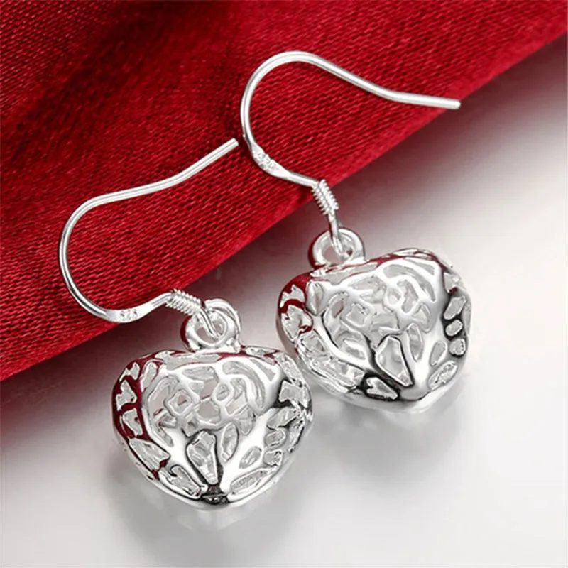 925 Sterling Silver Hollow Heart Ball Drop Earrings For Woman Wedding Engagement Party Fashion Charm Jewelry