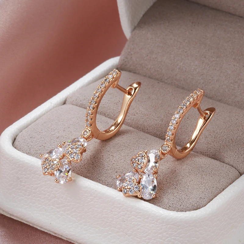 Kinel New 585 Rose Gold long Drop Earrings Unusual Creative Micro-wax Inlay Natural Zircon Earrings Women Fashion Jewelry Gift