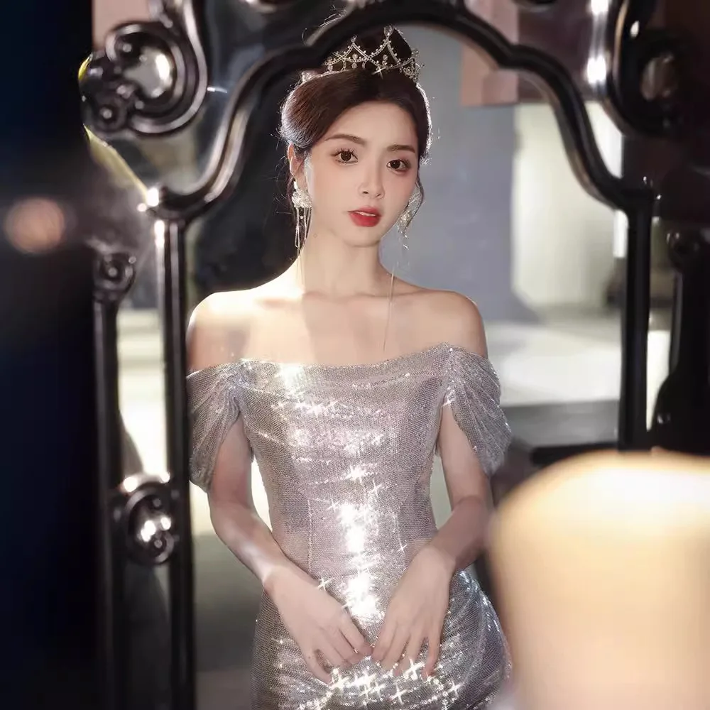 Suknia wieczorowa na jedno ramię, damska, z trenem typu fishtail, luksusowa, wysokiej klasy, na ceremonię, egzamin artystyczny, dla prowadzącej, na bal, Aosp...