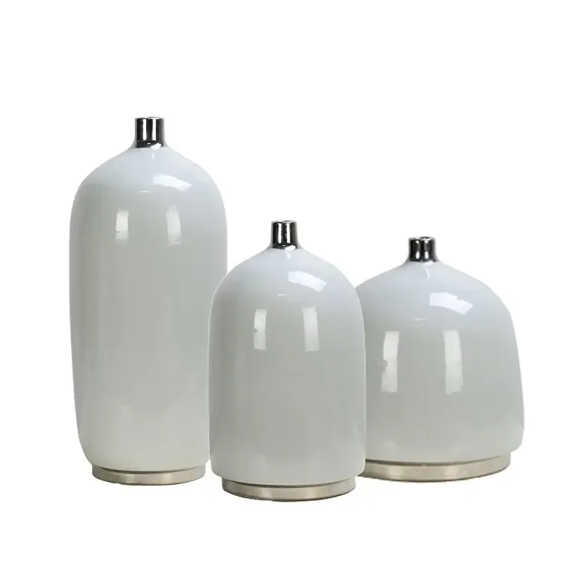 Modern Chinese Porcelain Decorative White and Silver Vase Flower Homemade Household Goods Decorative Ceramic Vase