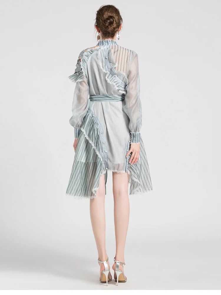 Sukienka damska asymetryczna z kokardą z organzy, metalowym guzikiem, na wybieg, nowa, stójka, długi bufiasty rękaw, moda jesień 2025, jesień 2025 2F0289