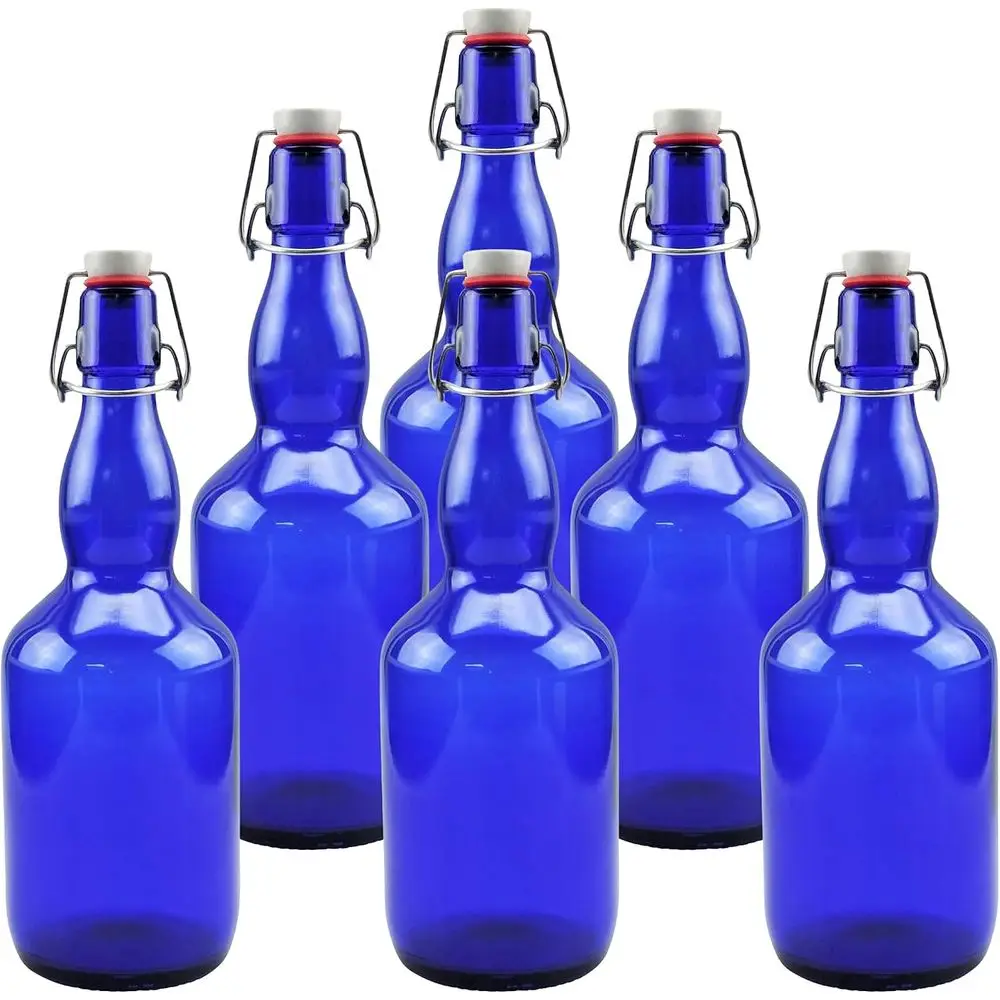 

6 Pack 0.75L Blue Glass Swing Top Bottles with Porcelain Stoppers and Labels