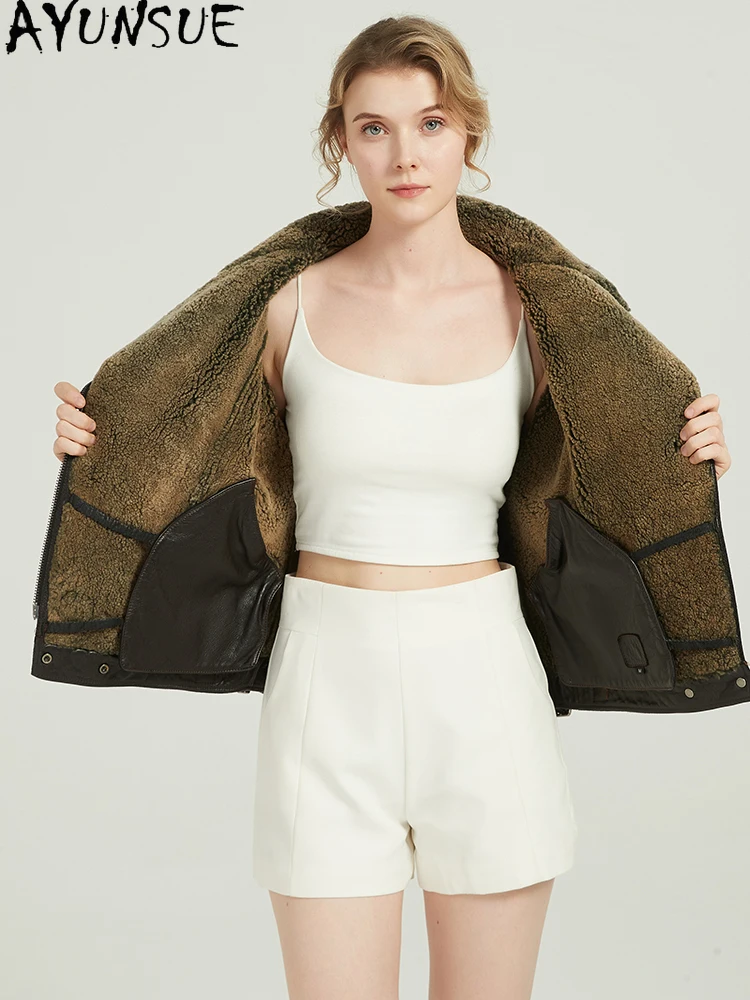 AYUNSUE 진짜 양피 모피 코트 진짜 가죽 자켓 여성 내한 오토바이 자켓 여성 겨울 의류 2025 streetwear
