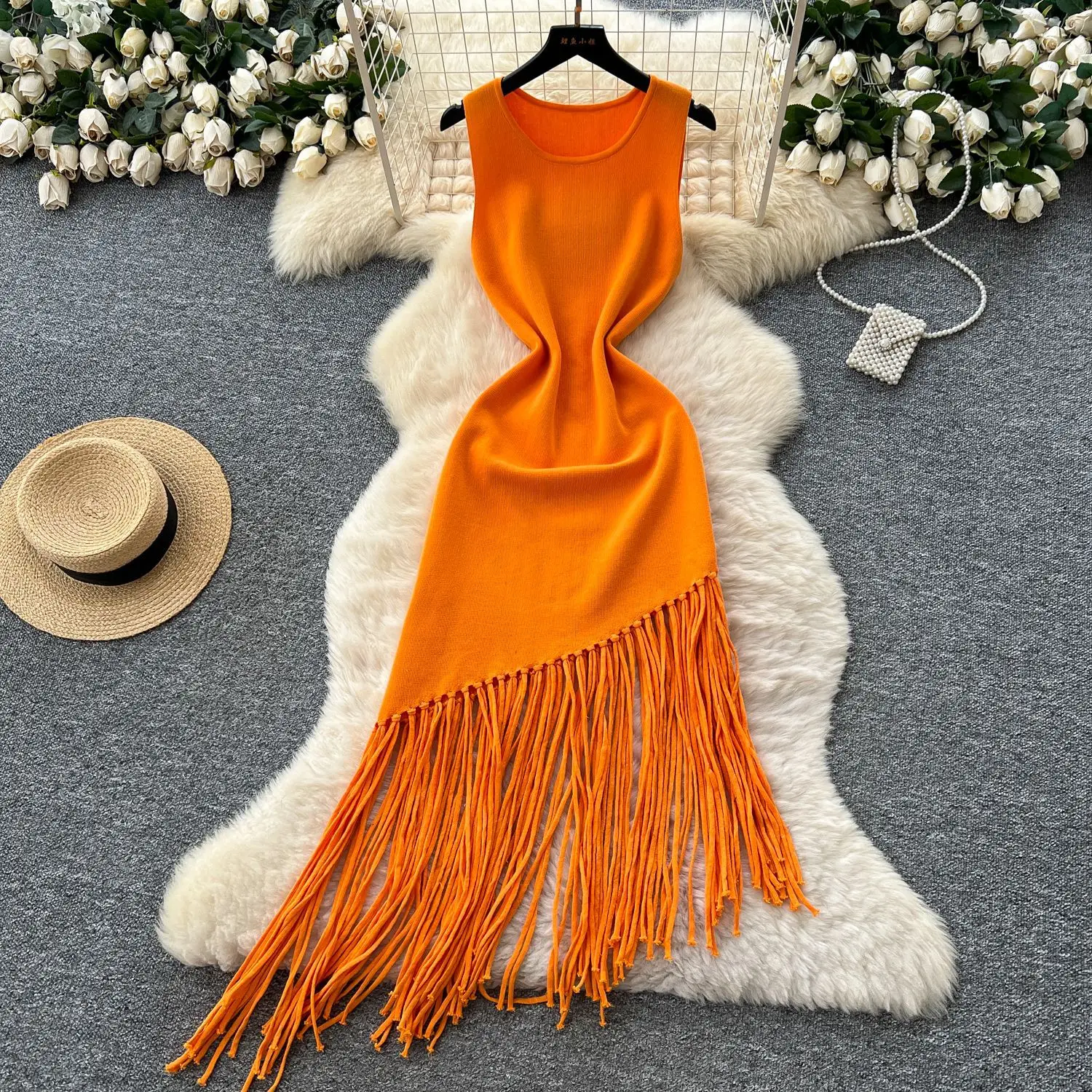 

Long Dress Women Dresses Tassel Vestidos Y2k Streetwear Round Neck Sleeveless Elegant Splice Party Night Work Slim Fit 2025
