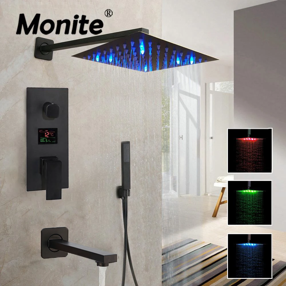 MONITE Matte Black Bathroom Shower Set LED Digital Display Mixer 2 and 3 Functions Digital Shower Faucet Sets 8-16'' Shower Head