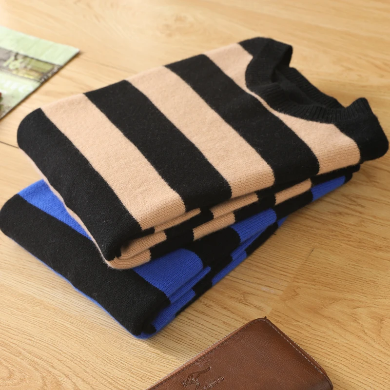 100 Pure Woolen Sweater Men\'s Round Neck Stripe Autumn Winter 23 New Knit Outerwear Underlay Cashmere Long Sleeve Fashion Casual