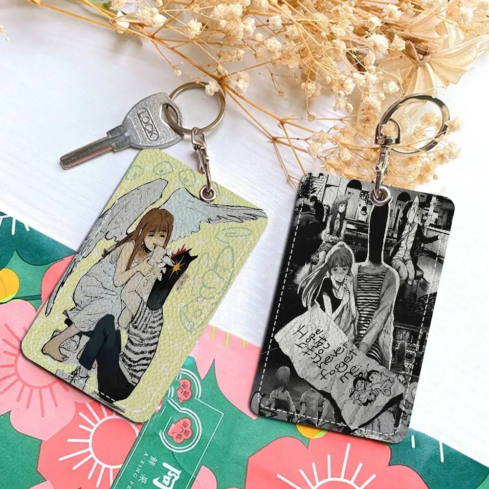 1pc Cute G-Goodnight P-Punpu Rectangle ID Card Case Keychain Access Card Bag Key Tag Ring Leather Card Holder Key Ring Access