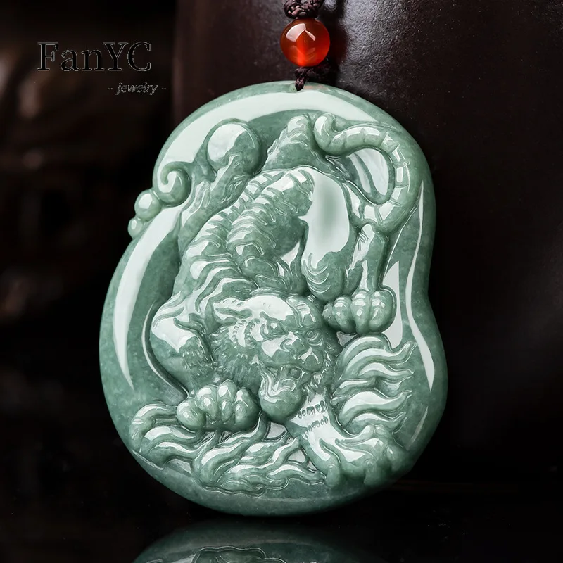 Natural Jadeite Tiger Roar Pendant Hand-Carved Tiger Motif Fashionable Luxury Bean-Shaped Jade Necklace Unisex Holiday Gift