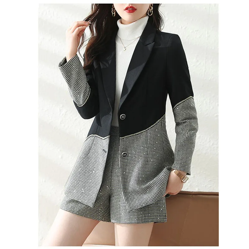 Contrasting Color Blazer Jacket Female 2024 New Spring And Autumn Two Piece Set Design Sense Niche Stitching Suit+Shorts Suit