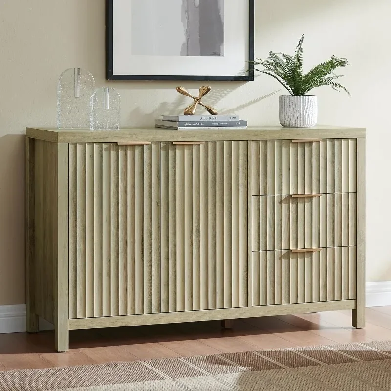 3 Drawer Storage Cabinet Buffet Cabinet with Drawer and Doors, Fluted Sideboard Modern Credenza with Adjustable Shelves