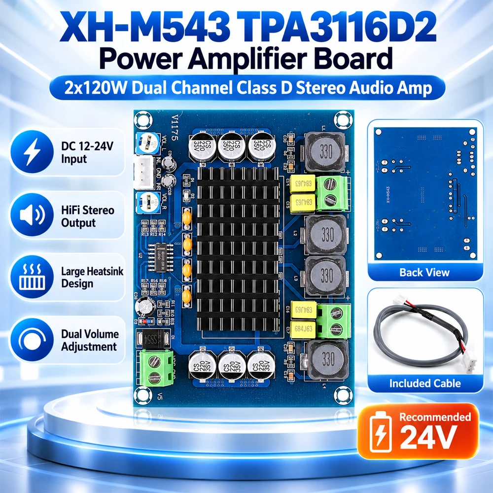 XH-M543 TPA3116D2 2x120W Dual Channel Class D Stereo Power Amplifier Board DC 12-24V HiFi Audio Amp for Subwoofer DIY Speaker