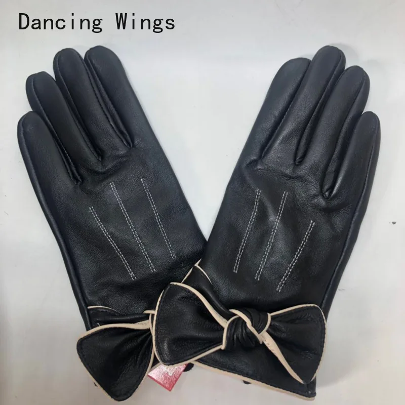 Brand Design Women Genuine Leather Sheepskin Bow Decoration Velvet Lining Keep Warm Winter Black Gloves