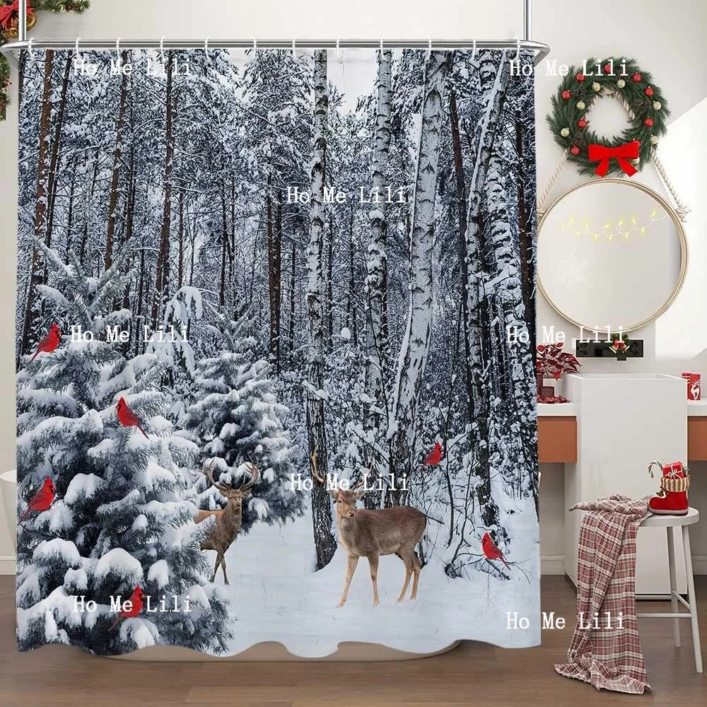 Winter Snow Shower Curtain For Bathroom Pine Forest Deer Cardinal Christmas Tree Snowflake Fabric Decor