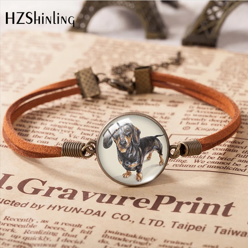 Dachshund Dogs Animal Pet Pattern Leather Bracelets Art Accessories Glass Cabochon Fashion Jewelry Gift