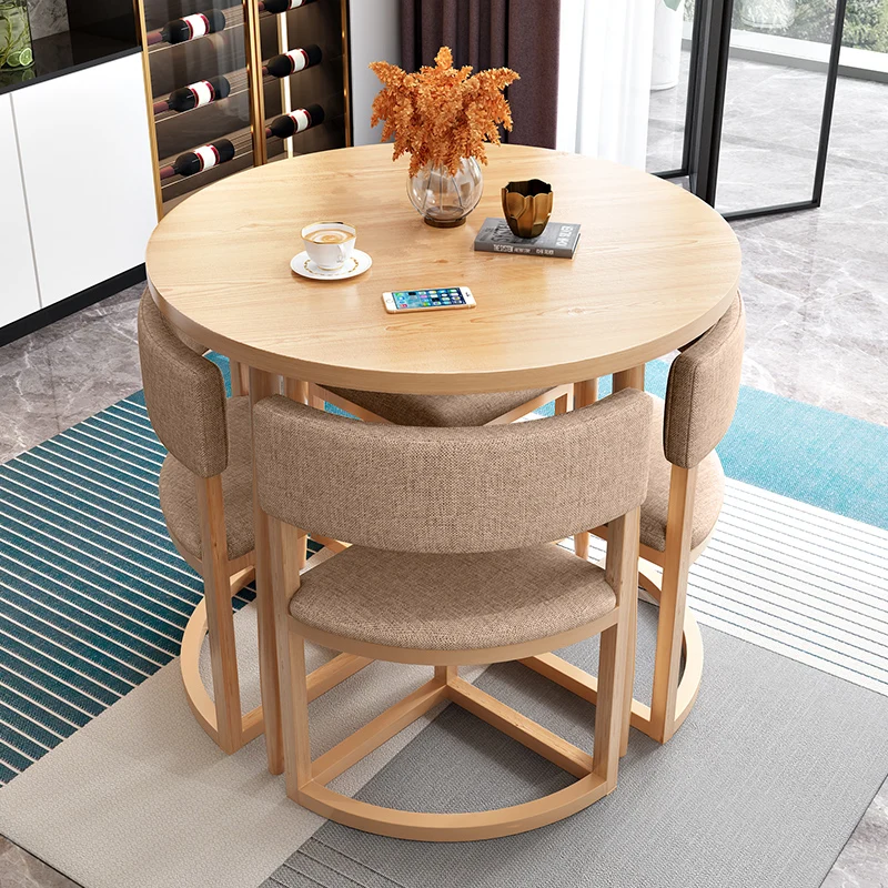 Round Mobile Dining Tables Set Kitchen 4 Chairs Center Wood Table Extendable Minimalist Parlor Floor Mesa Comedor Home Furniture