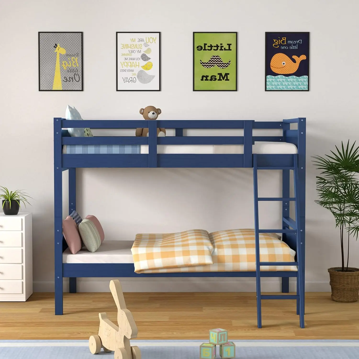 Twin Over Twin Bunk Bed, Solid Wood Twin Bunk Bed Convertible Into Two Individual Beds, Kids Twin Bunk Bed w/Ladder Guard Rail